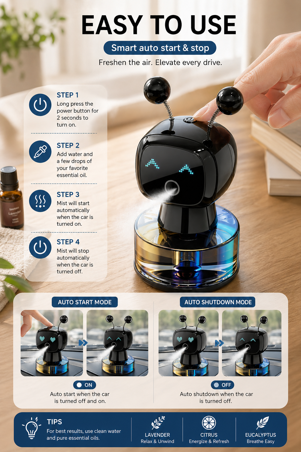 Smart Car Air Freshener AI Rechargeable Car Aroma Diffuser Smart Eyes 4 Levels of Adjustable Intelligent Car Diffuser Gift
