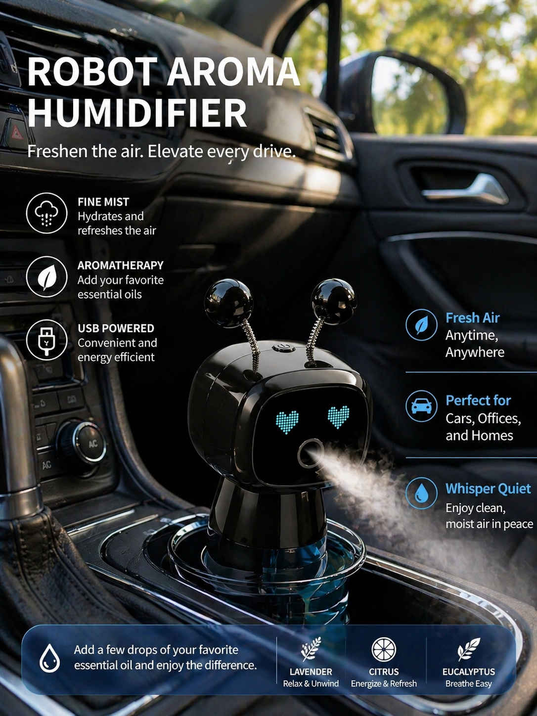 Smart Car Air Freshener AI Rechargeable Car Aroma Diffuser Smart Eyes 4 Levels of Adjustable Intelligent Car Diffuser Gift